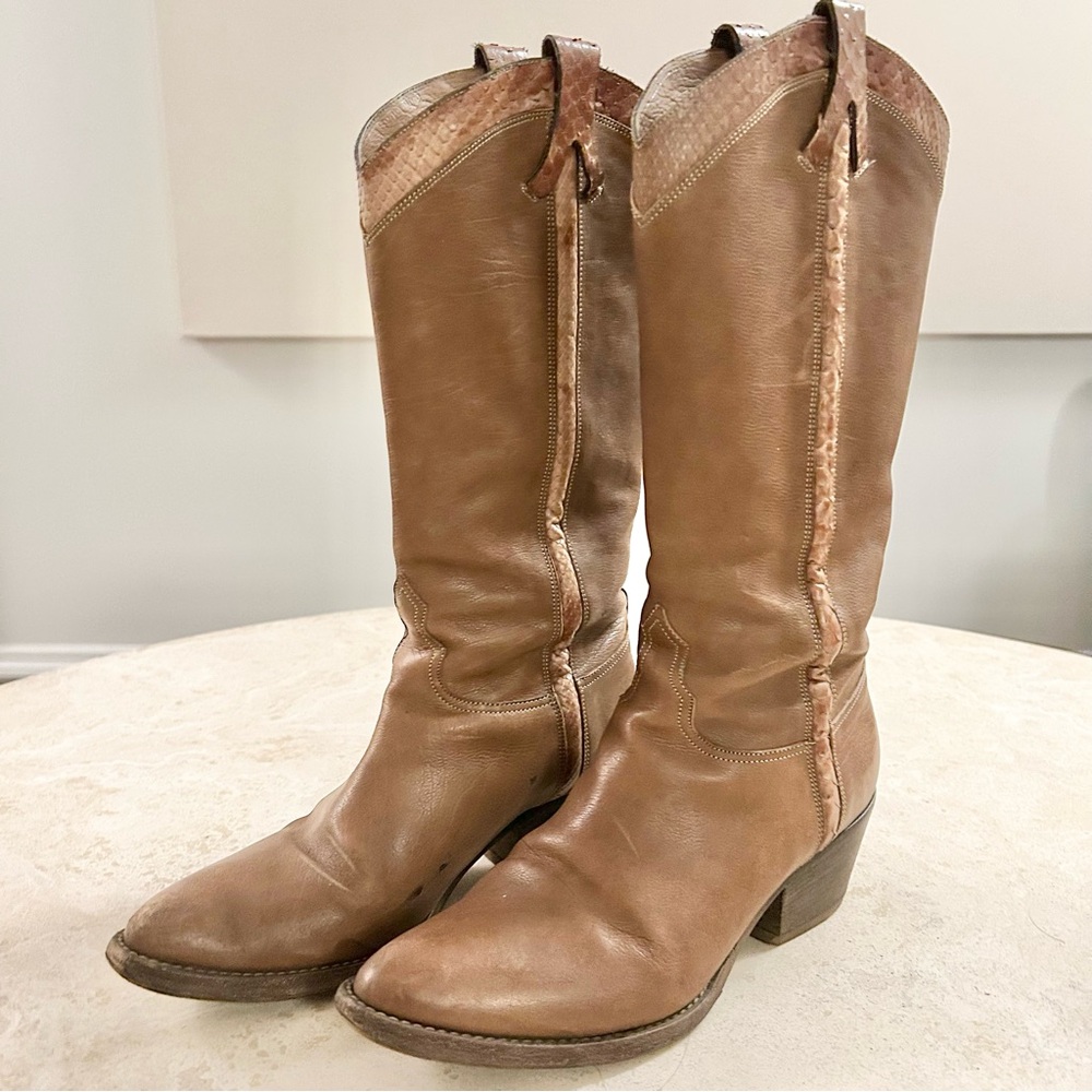SARTORE Western Snake Skin Detail Leather Boot 36.5 Made in Italy